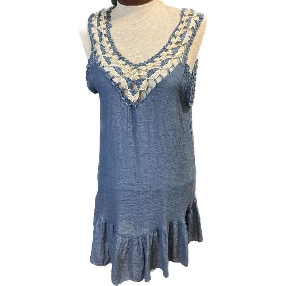 Crochet trim summer dress boho flowy one size
